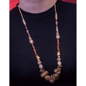 Handmade necklace with raw amber and gold elements