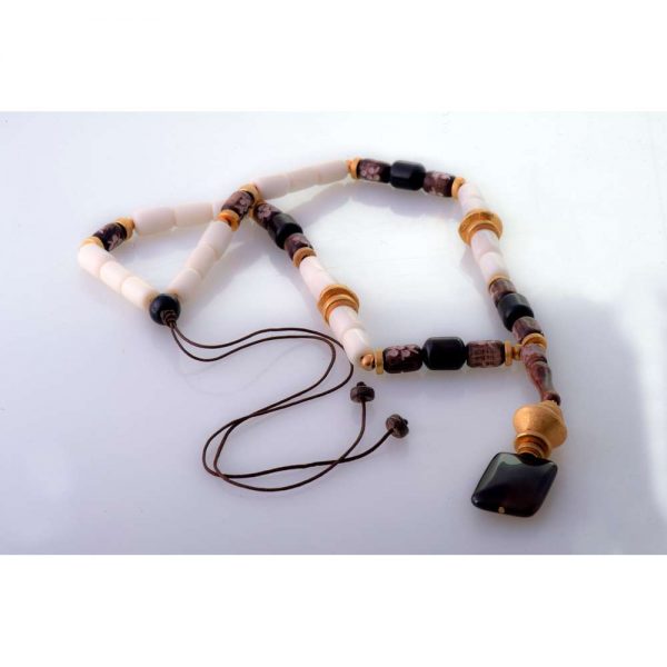 Handmade necklace with ebony, camel bone and gold elements