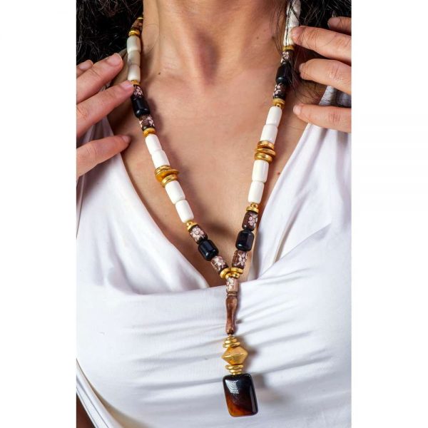 Handmade necklace with ebony, camel bone and gold elements